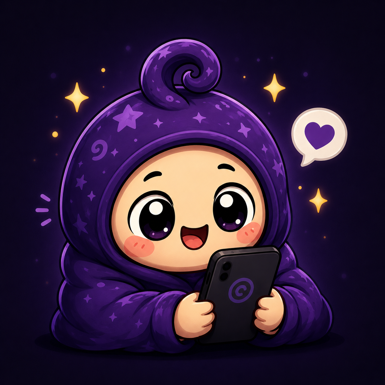 Happy Scrolli holding phone with heart bubble